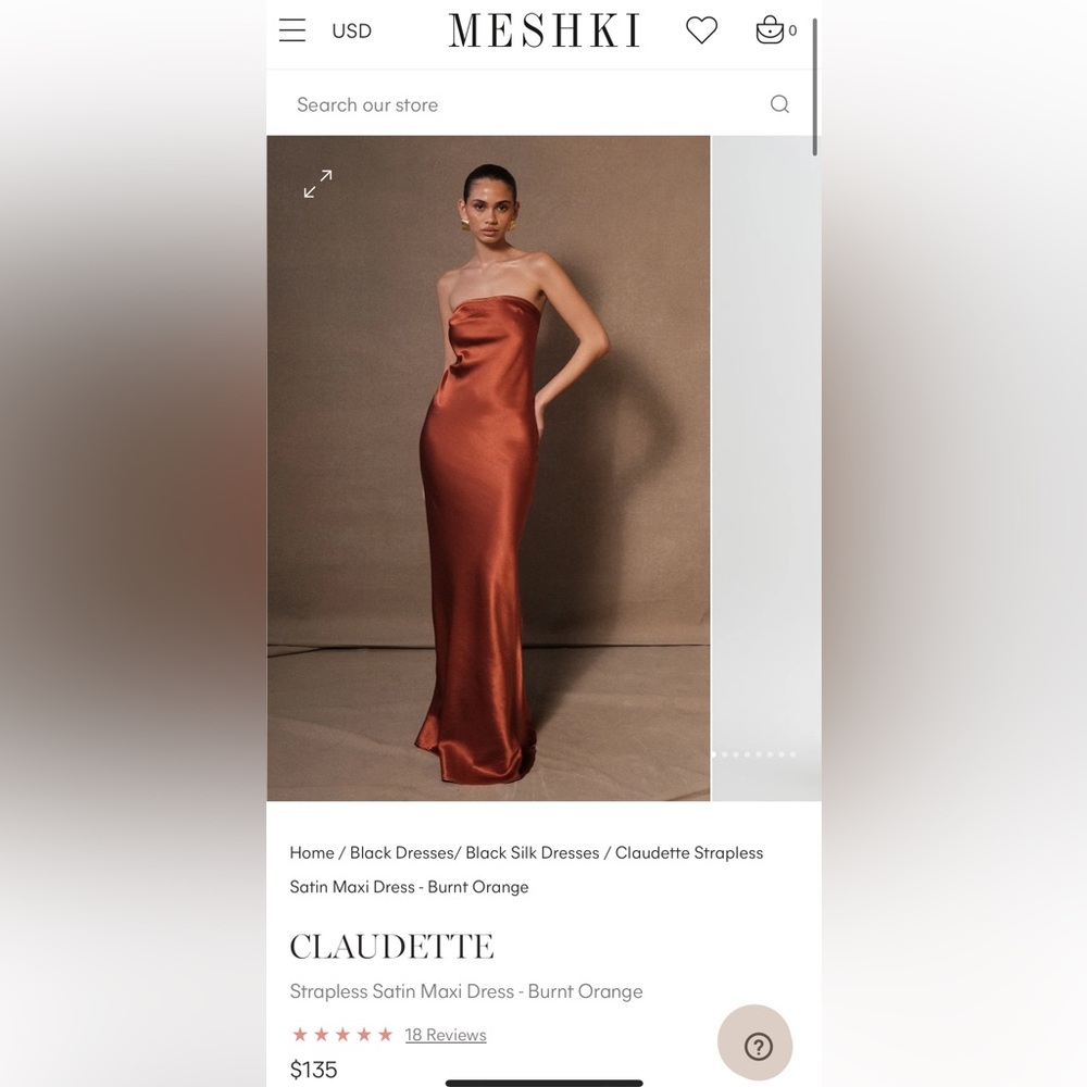 Meshki Strapless Satin Maxi Dress - Burnt Orange - Large. NWT.